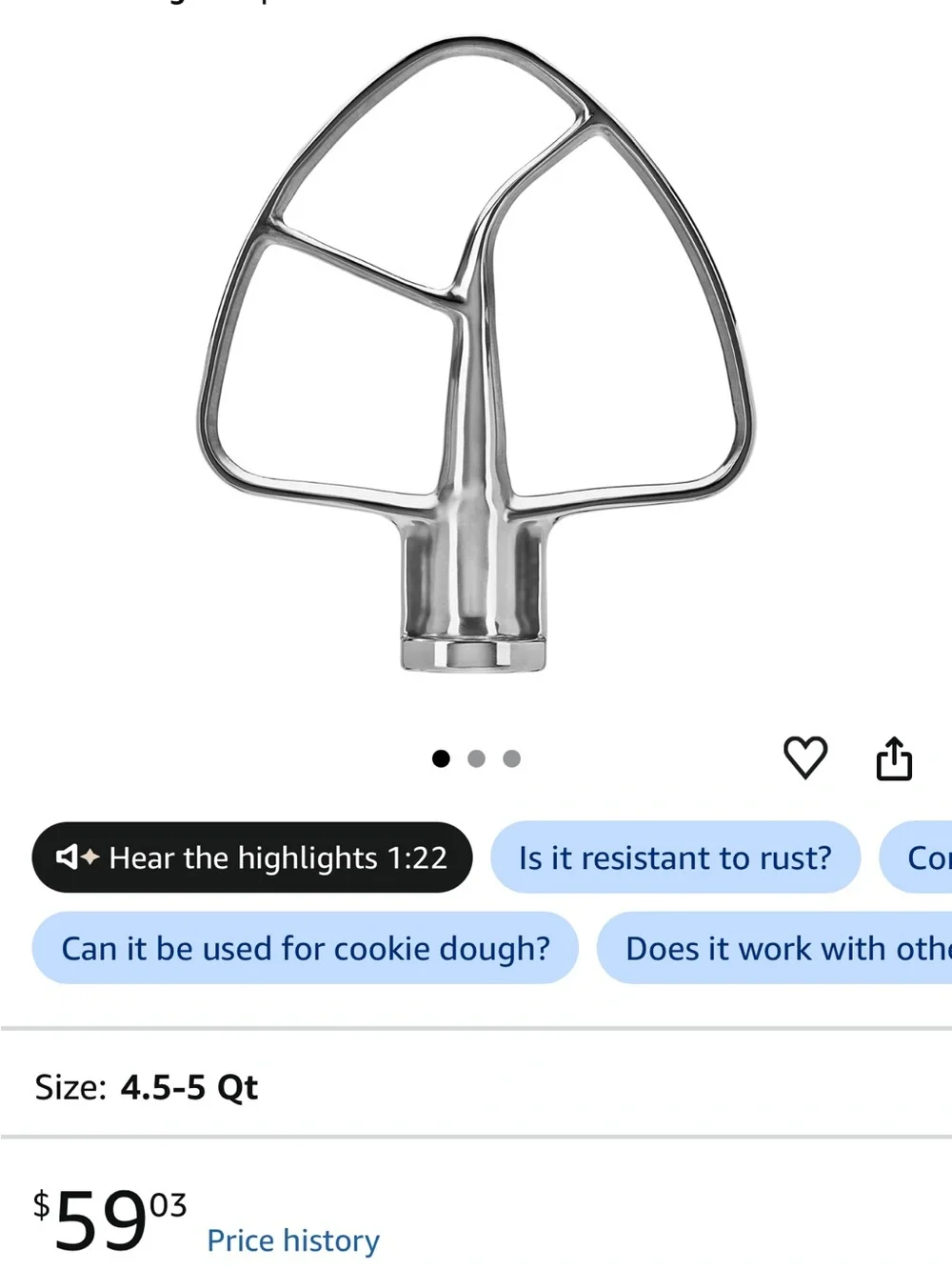 Kitchen Aid Stainless Steel Stand Mixer Paddle Attachment - 4.5-5qt